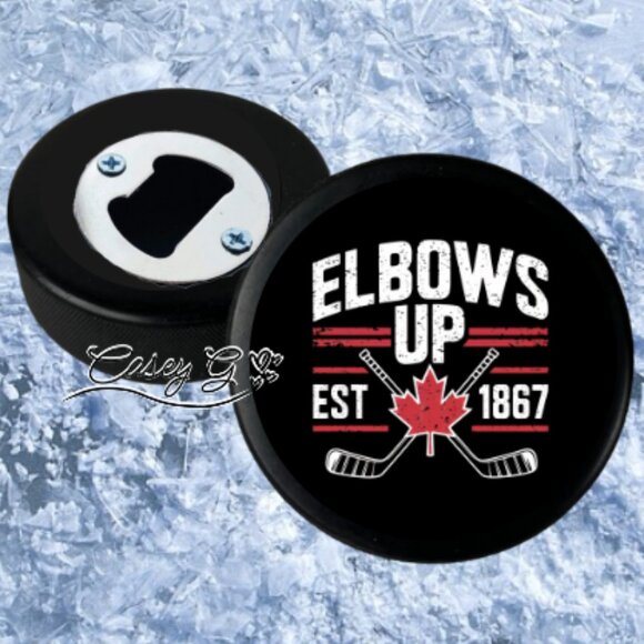 NEW**Elbows Up Canada Patriot Hockey Puck Bottle Opener - Picture 1 of 2